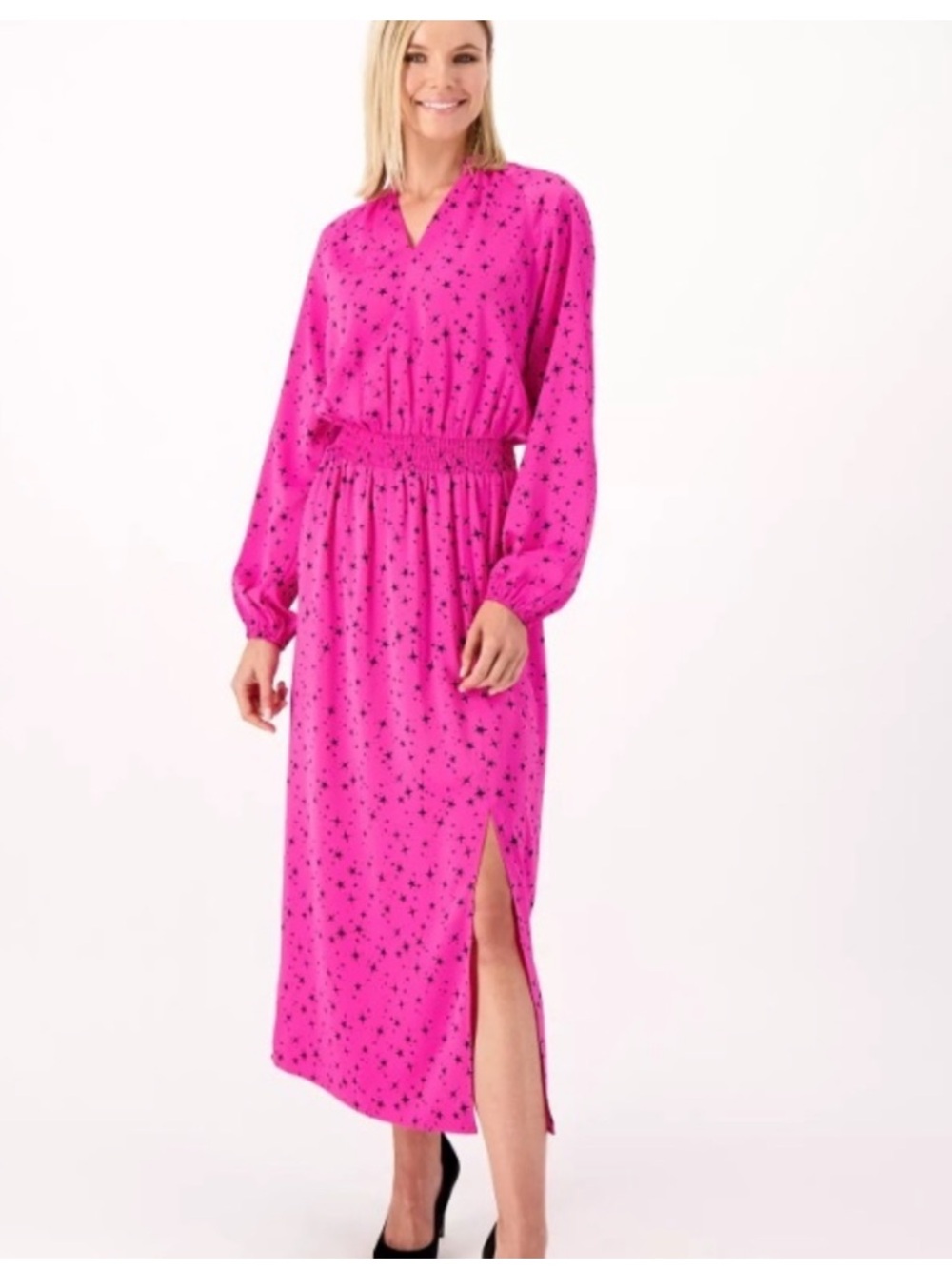 NWOT Candace Cameron Bure Pink Star-Print Long Sleeve Maxi Dress Slit
